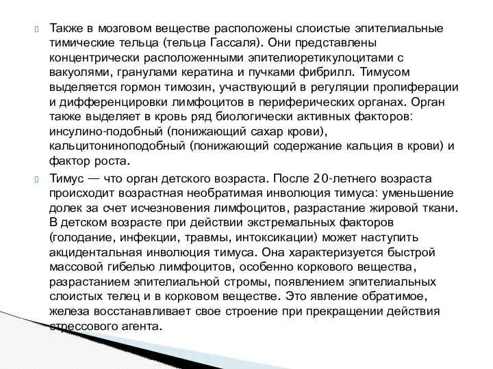 Также в мозговом веществе расположены слоистые эпителиальные тимические тельца (тельца