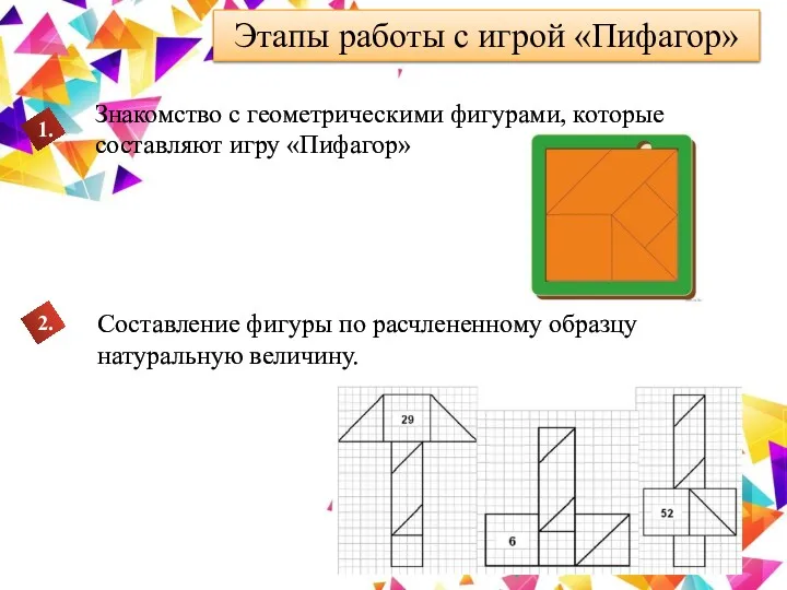 Этапы работы с игрой «Пифагор» Знакомство с геометрическими фигурами, которые