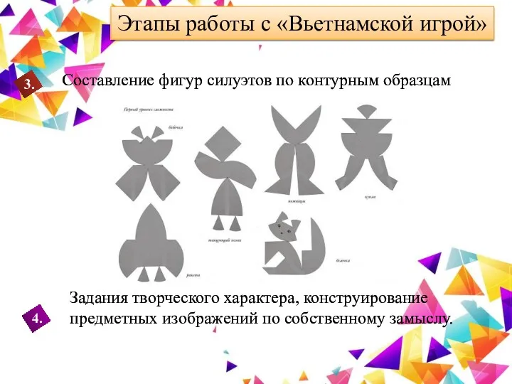 Этапы работы с «Вьетнамской игрой» Составление фигур силуэтов по контурным