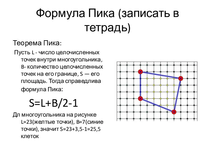Формула Пика (записать в тетрадь) Теорема Пика: Пусть L -