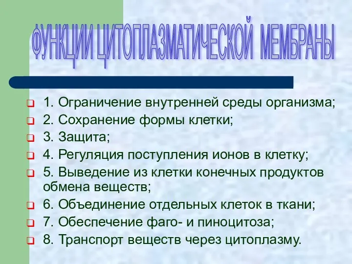 1. Ограничение внутренней среды организма; 2. Сохранение формы клетки; 3.