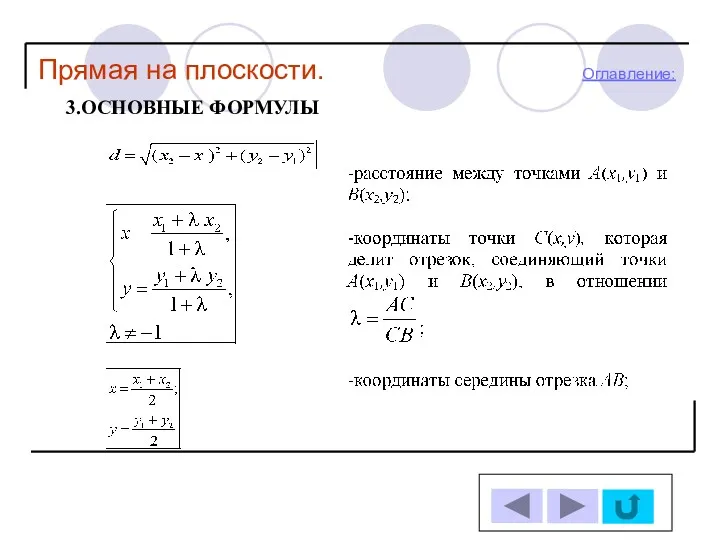 Прямая на плоскости. Оглавление: 3.ОСНОВНЫЕ ФОРМУЛЫ