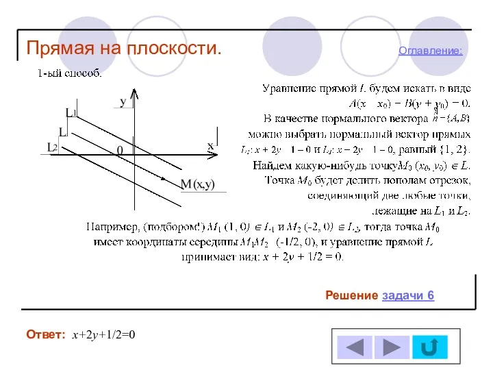 Решение задачи 6 Ответ: Прямая на плоскости. х+2у+1/2=0 Оглавление: