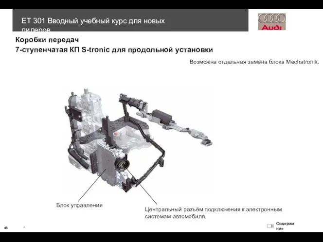 Коробки передач Возможна отдельная замена блока Mechatronik. 7-ступенчатая КП S-tronic