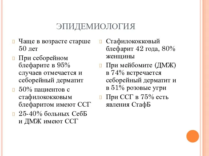 ЭПИДЕМИОЛОГИЯ Чаще в возрасте старше 50 лет При себорейном блефарите