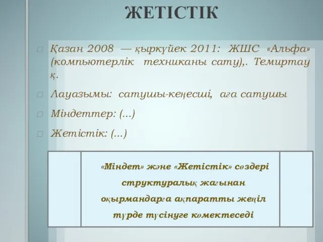 ЖЕТІСТІК Қазан 2008 — қыркүйек 2011: ЖШС «Альфа» (компьютерлік техниканы