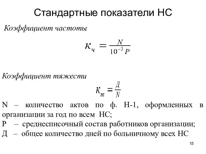 Стандартные показатели НС Коэффициент частоты Коэффициент тяжести N – количество