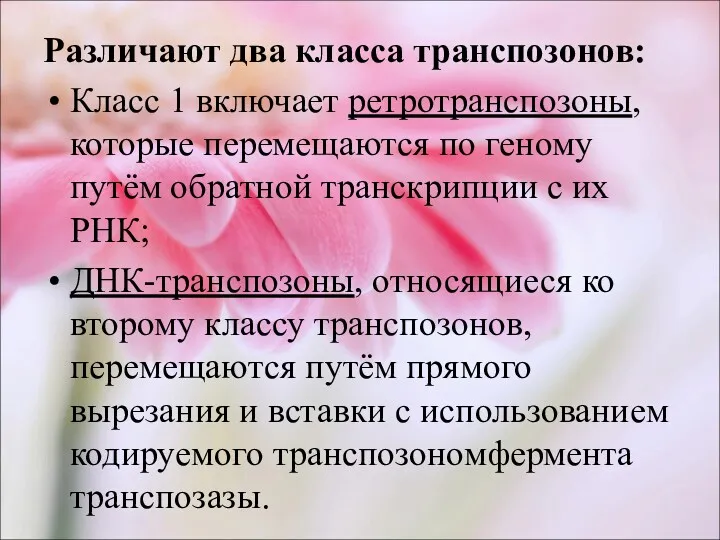 Различают два класса транспозонов: Класс 1 включает ретротранспозоны, которые перемещаются