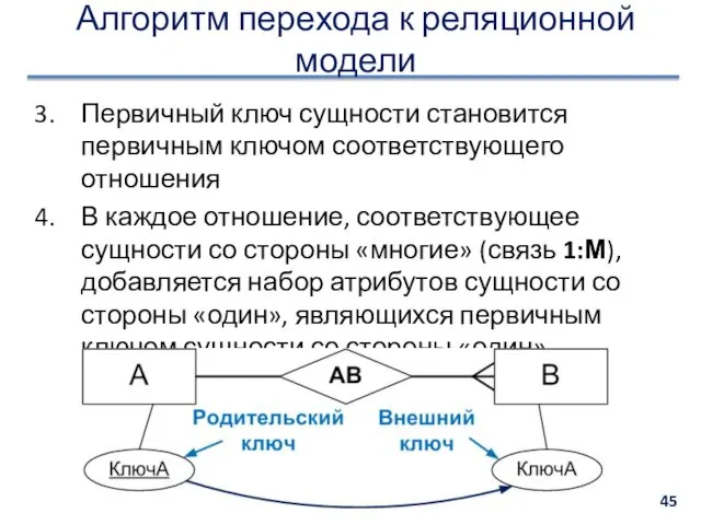 Алгоритм перехода к реляционной модели Первичный ключ сущности становится первичным