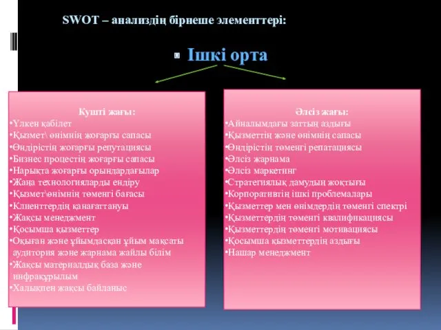 SWOT – анализдің бірнеше элементтері: Ішкі орта Кушті жағы: Үлкен