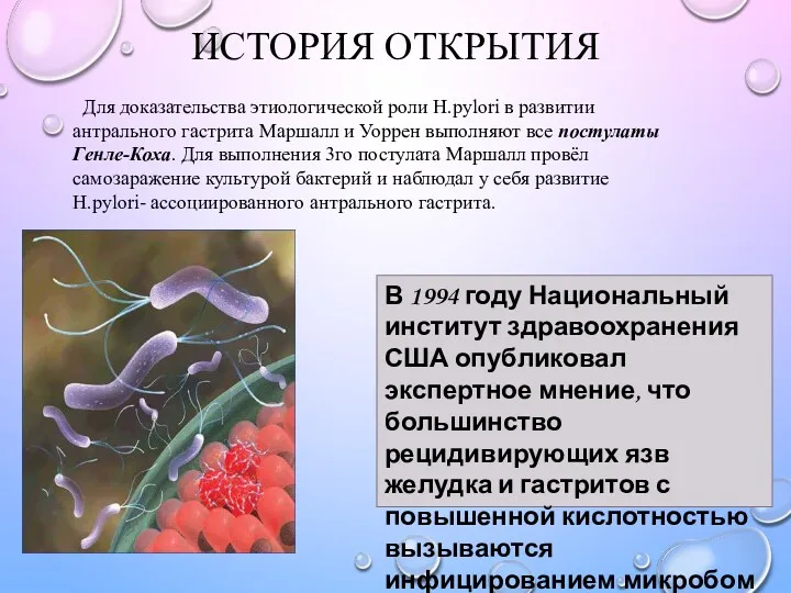 ИСТОРИЯ ОТКРЫТИЯ Для доказательства этиологической роли H.pylori в развитии антрального