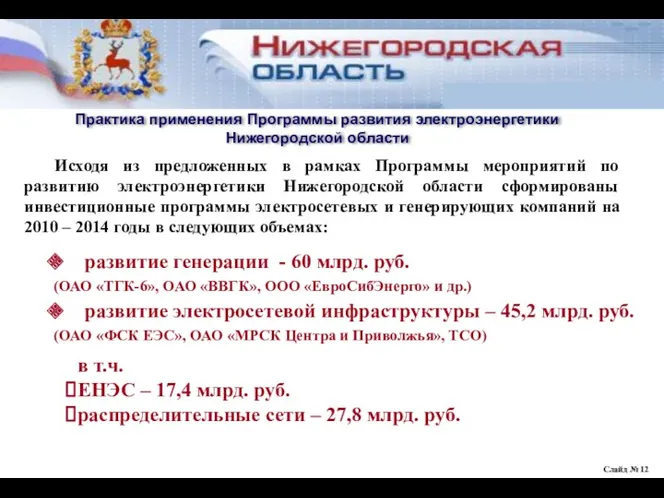 Слайд № Практика применения Программы развития электроэнергетики Нижегородской области развитие генерации - 60