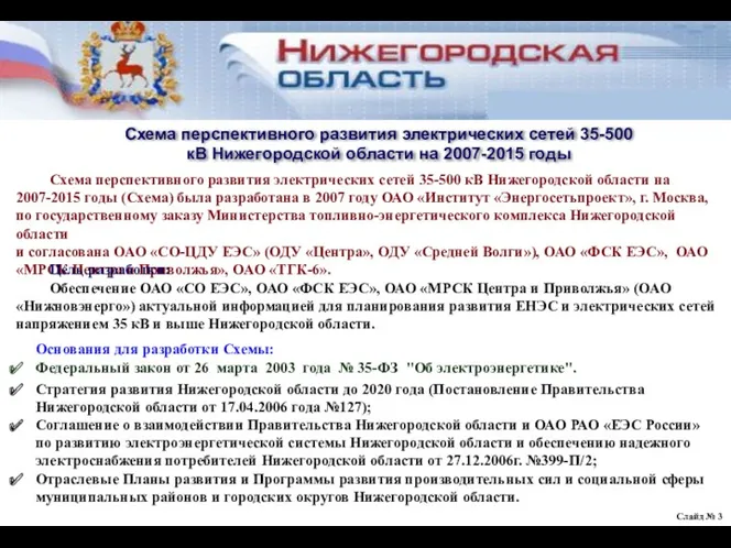 Слайд № Схема перспективного развития электрических сетей 35-500 кВ Нижегородской области на 2007-2015