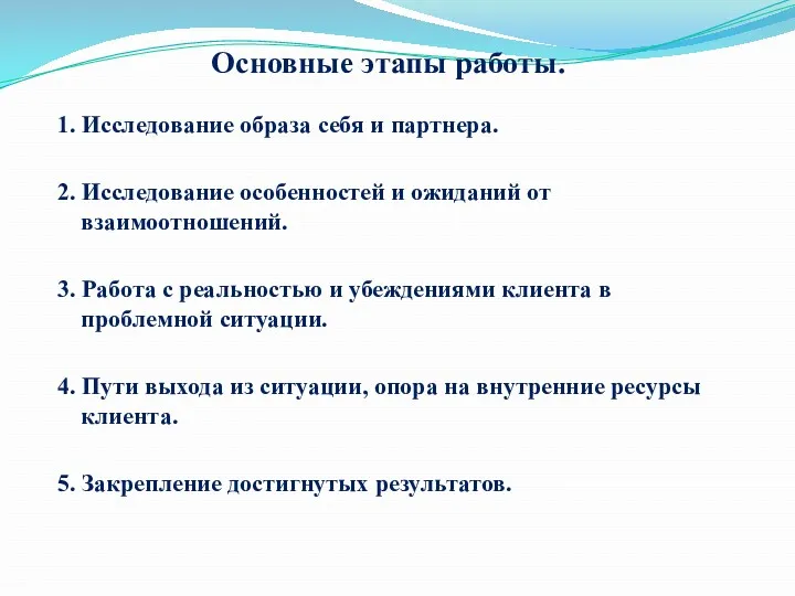 Основные этапы работы. 1. Исследование образа себя и партнера. 2.