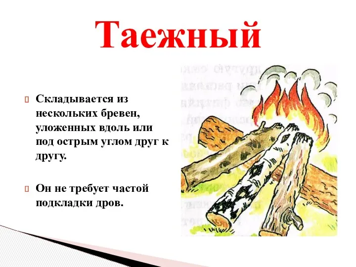 Таежный Складывается из нескольких бревен, уложенных вдоль или под острым