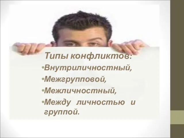 Типы конфликтов: Внутриличностный, Межгрупповой, Межличностный, Между личностью и группой.