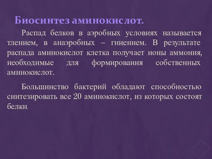 Биосинтез аминокислот. Распад белков в аэробных условиях называется тлением, в