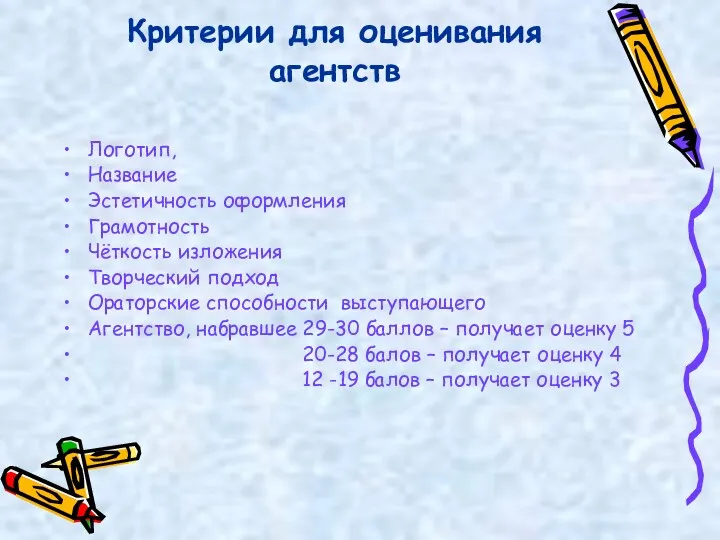 Критерии для оценивания агентств Логотип, Название Эстетичность оформления Грамотность Чёткость