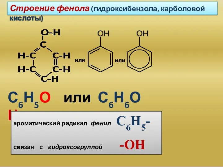 или или Строение фенола (гидроксибензола, карболовой кислоты) С6Н5ОН или С6Н6О