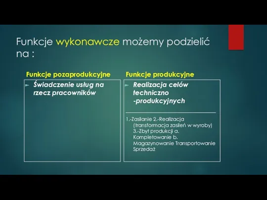 Funkcje wykonawcze możemy podzielić na : Funkcje pozaprodukcyjne Świadczenie usług