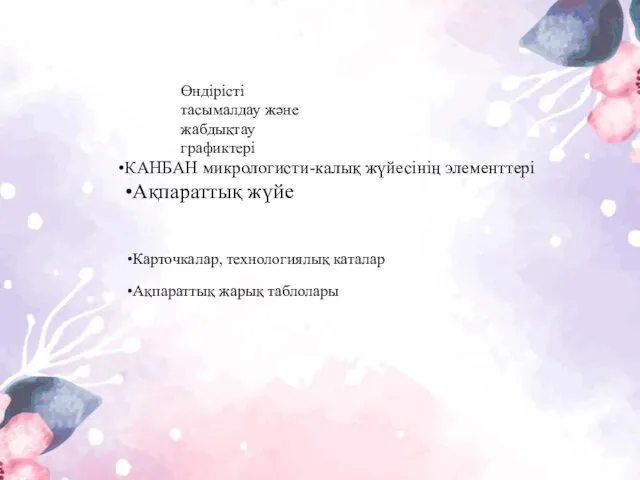 КАНБАН микрологисти-калық жүйесінің элементтері Ақпараттық жүйе Карточкалар, технологиялық каталар Ақпараттық