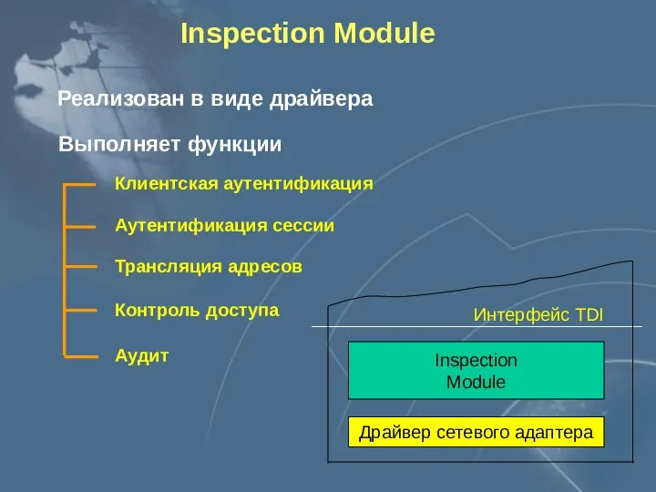 Inspection Module Реализован в виде драйвера Выполняет функции Контроль доступа