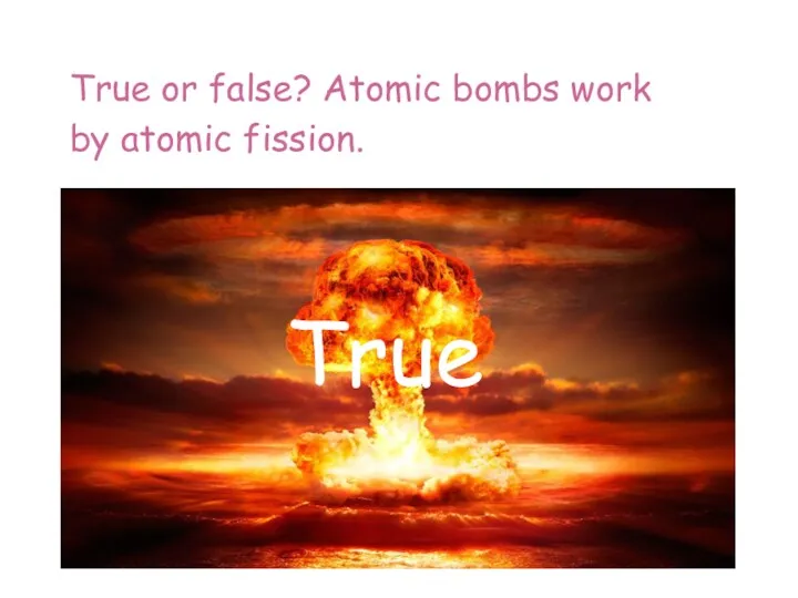 True or false? Atomic bombs work by atomic fission. True