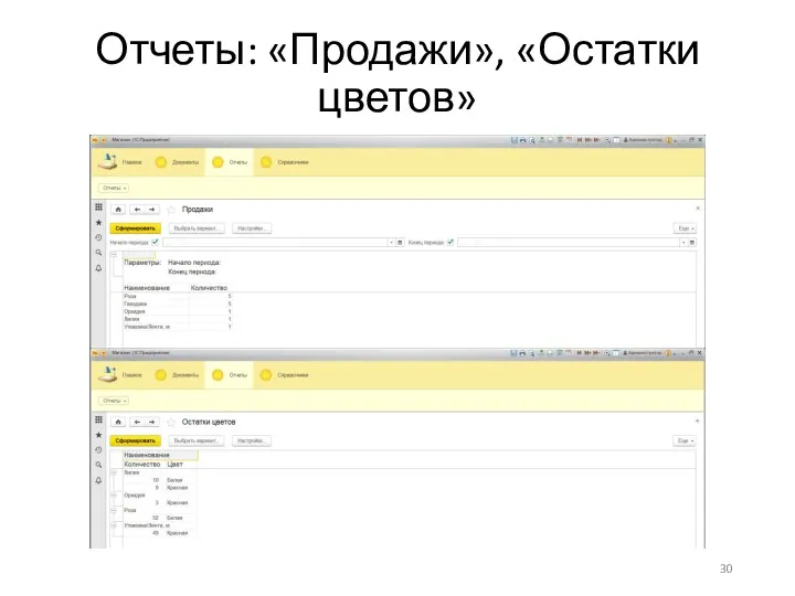 Отчеты: «Продажи», «Остатки цветов»