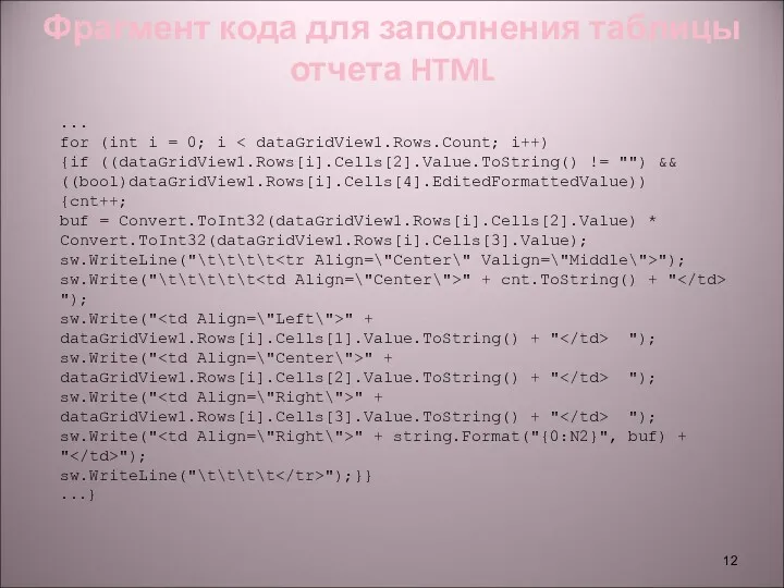 Фрагмент кода для заполнения таблицы отчета HTML ... for (int