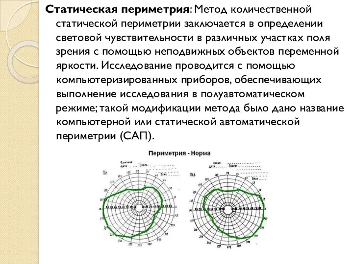 Статическая периметрия: Метод количественной статической периметрии заключается в определении световой