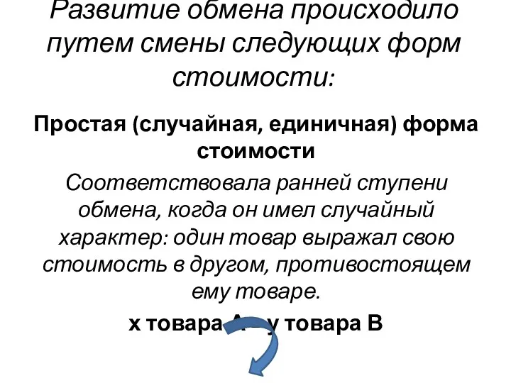 Развитие обмена происходило путем смены следующих форм стоимости: Простая (случайная,