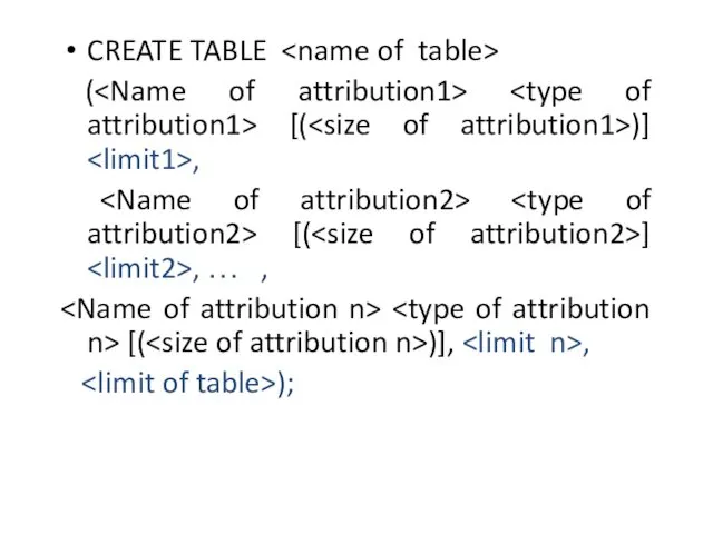 CREATE TABLE ( [( )] , [( ] , … , [( )], , );