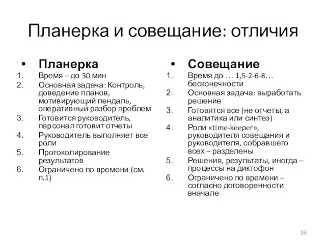 Планерка и совещание: отличия Планерка Время – до 30 мин