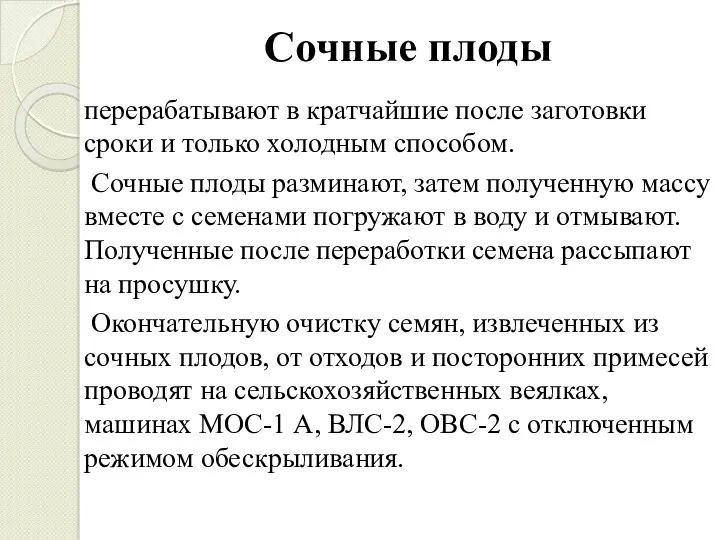 Сочные плоды перерабатывают в кратчайшие после заготовки сроки и только