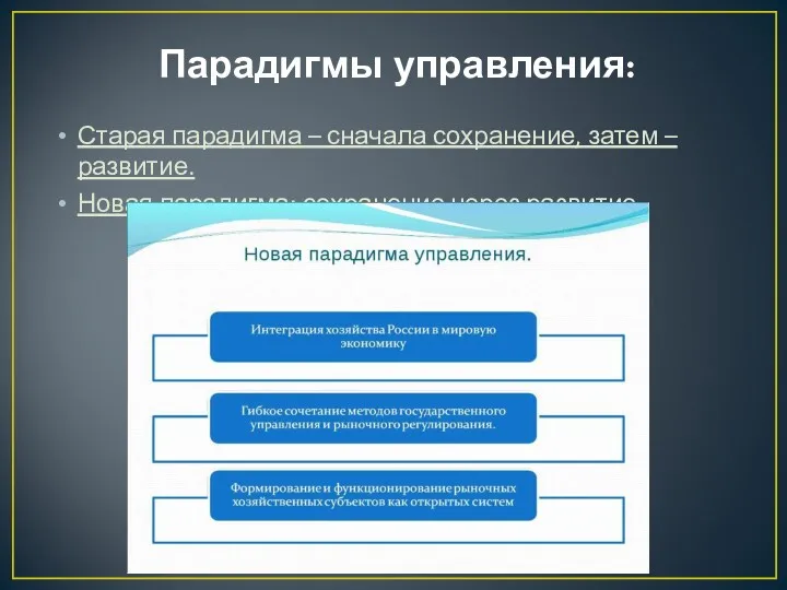 Парадигмы управления: Старая парадигма – сначала сохранение, затем – развитие. Новая парадигма: сохранение через развитие.