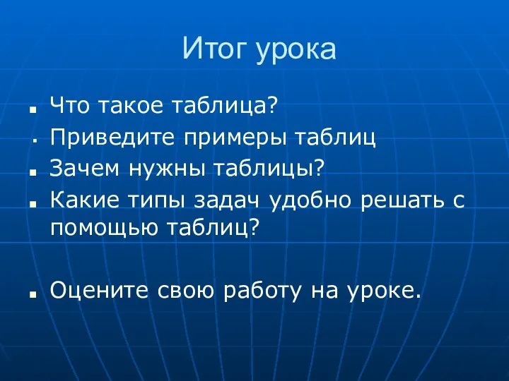 Итог урока Что такое таблица? Приведите примеры таблиц Зачем нужны