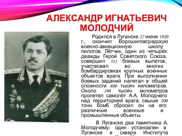 АЛЕКСАНДР ИГНАТЬЕВИЧ МОЛОДЧИЙ Родился в Луганске 27 июня 1920 г.,