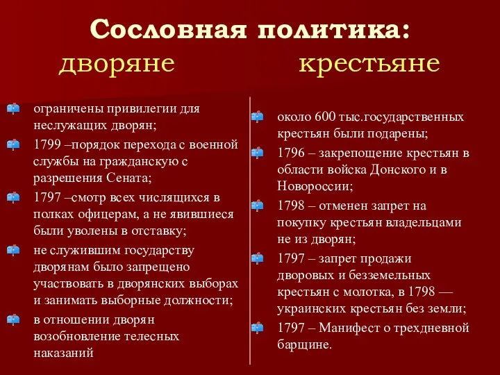 Сословная политика: дворяне крестьяне ограничены привилегии для неслужащих дворян; 1799