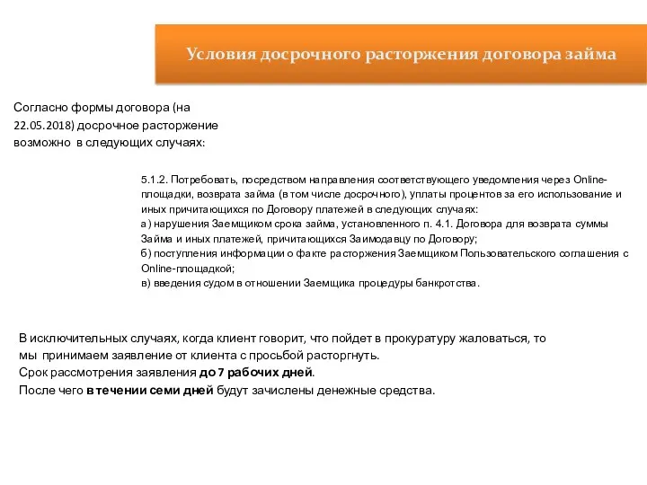 Условия досрочного расторжения договора займа Согласно формы договора (на 22.05.2018)