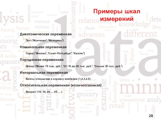 Примеры шкал измерений Дихотомическая переменная Пол (‘Мужчины’, ‘Женщины’) Номинальная переменная