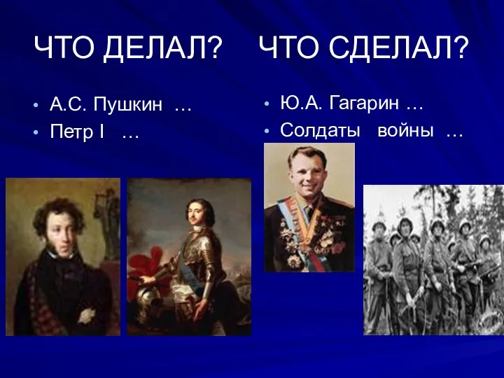 ЧТО ДЕЛАЛ? ЧТО СДЕЛАЛ? А.С. Пушкин … Петр I … Ю.А. Гагарин … Солдаты войны …