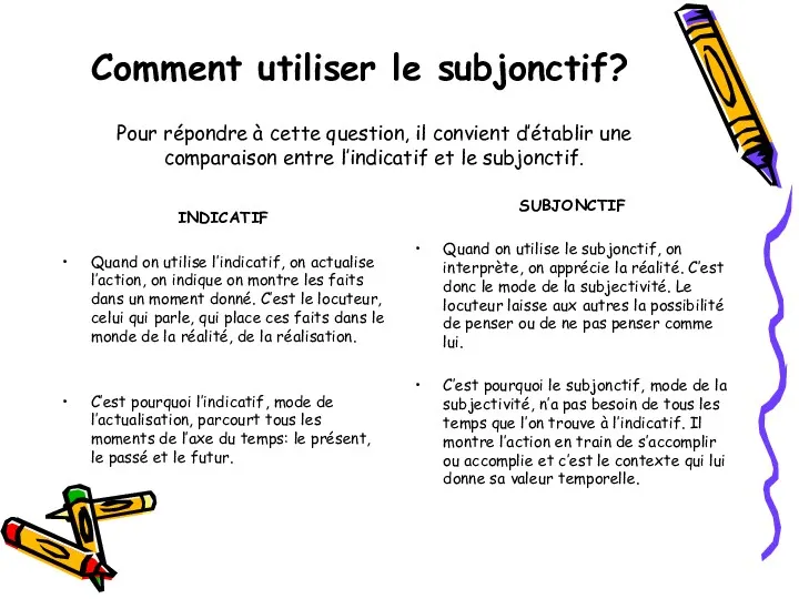 Comment utiliser le subjonctif? INDICATIF Quand on utilise l’indicatif, on