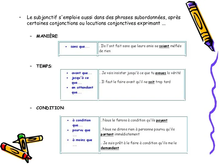 Le subjonctif s'emploie aussi dans des phrases subordonnées, après certaines