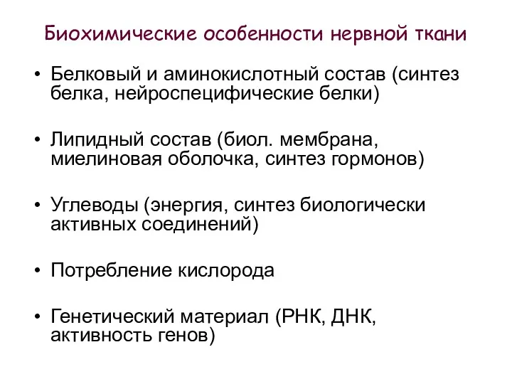 Биохимические особенности нервной ткани Белковый и аминокислотный состав (синтез белка,