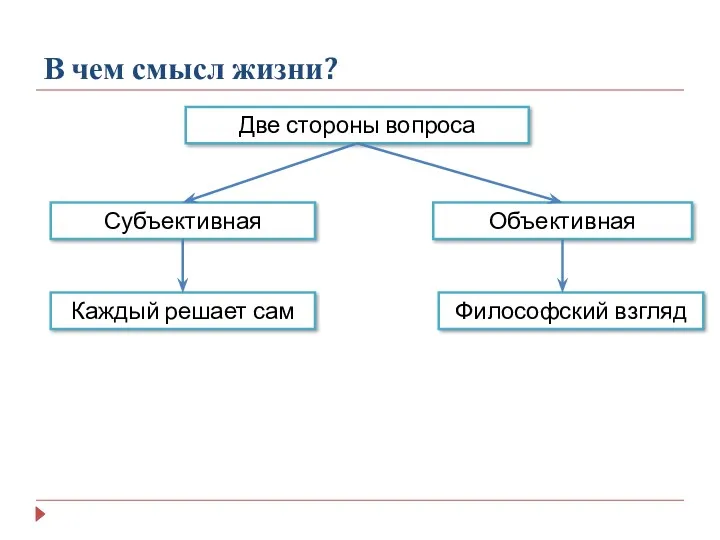 В чем смысл жизни? Две стороны вопроса Объективная Субъективная Каждый решает сам Философский взгляд