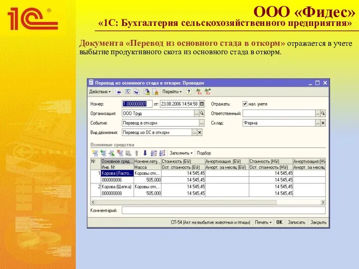 Документа «Перевод из основного стада в откорм» отражается в учете