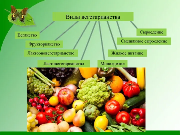 Виды вегетарианства Лактовегетарианство Веганство Лактоововегетарианство Фрукторианство Сыроедение Моноедение Жидкое питание Смешанное сыроедение