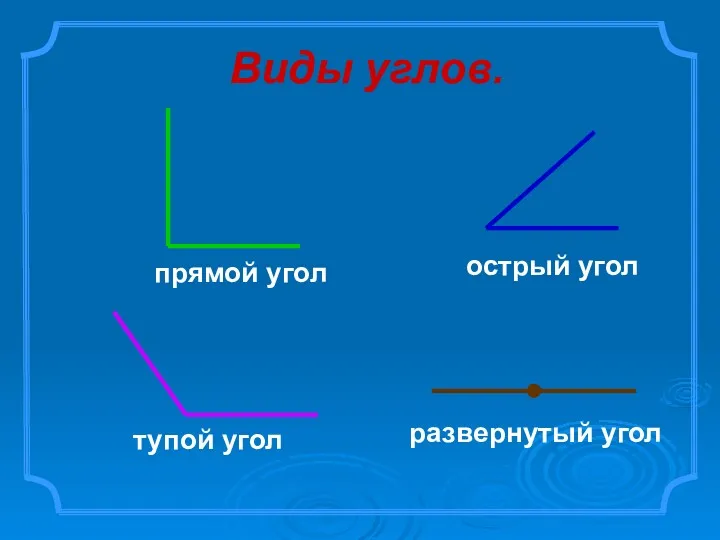 Виды углов. прямой угол острый угол тупой угол развернутый угол