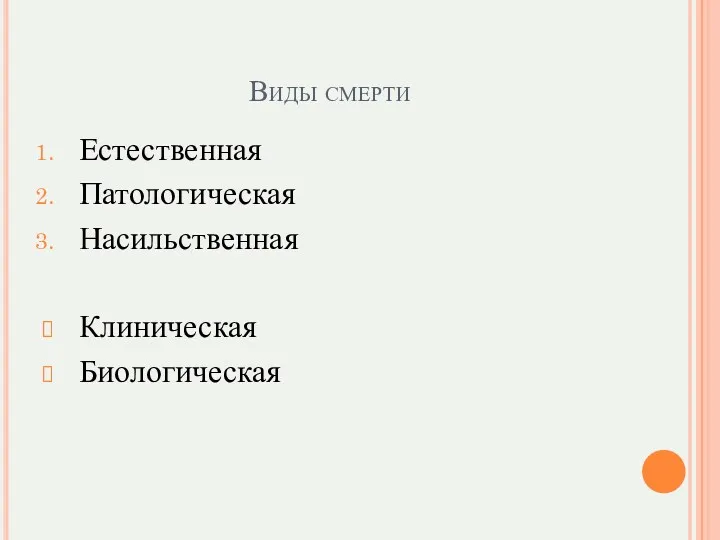 Виды смерти Естественная Патологическая Насильственная Клиническая Биологическая