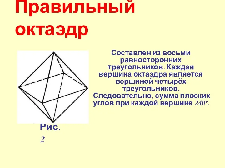 Составлен из восьми равносторонних треугольников. Каждая вершина октаэдра является вершиной
